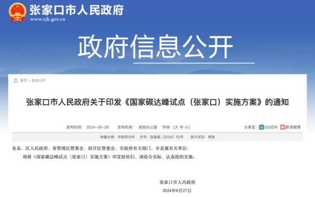 國家碳達峰試點（張家口）實施方案發(fā)布