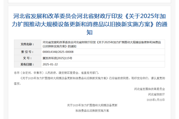 河北省2025年加力擴圍推動大規模設備更新和消費品以舊換新實施方案發布